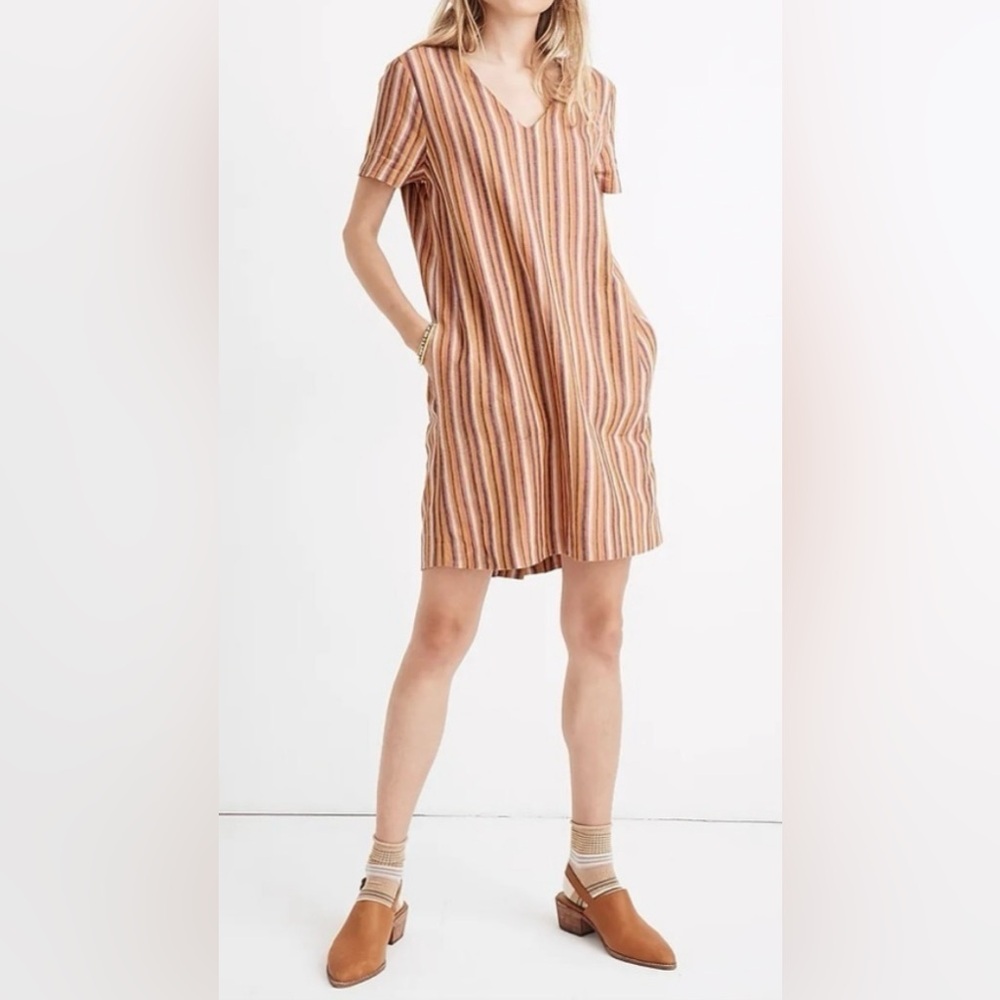 Madewell Linen Cotton Button Back Short Sleeve Striped Dress Size Large